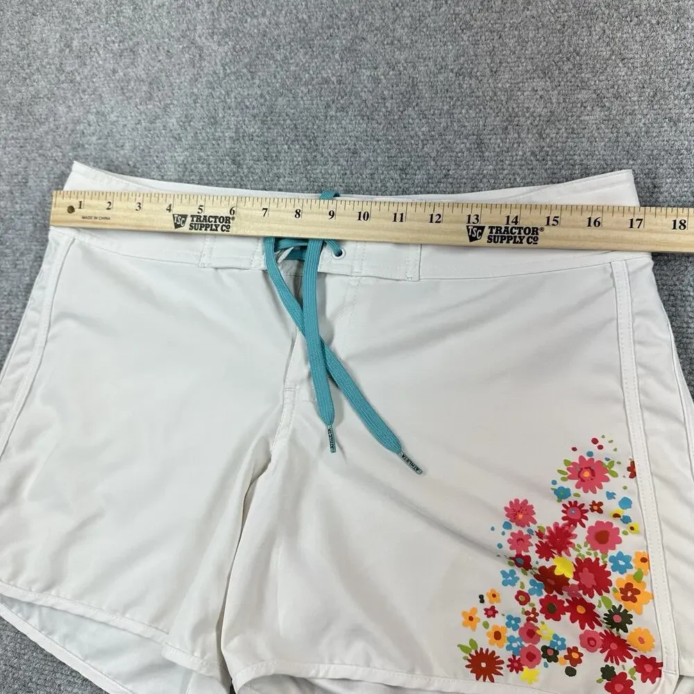 Athleta Floral Trestle Board Shorts Women 10 White Swim Beach Surf Drawstring